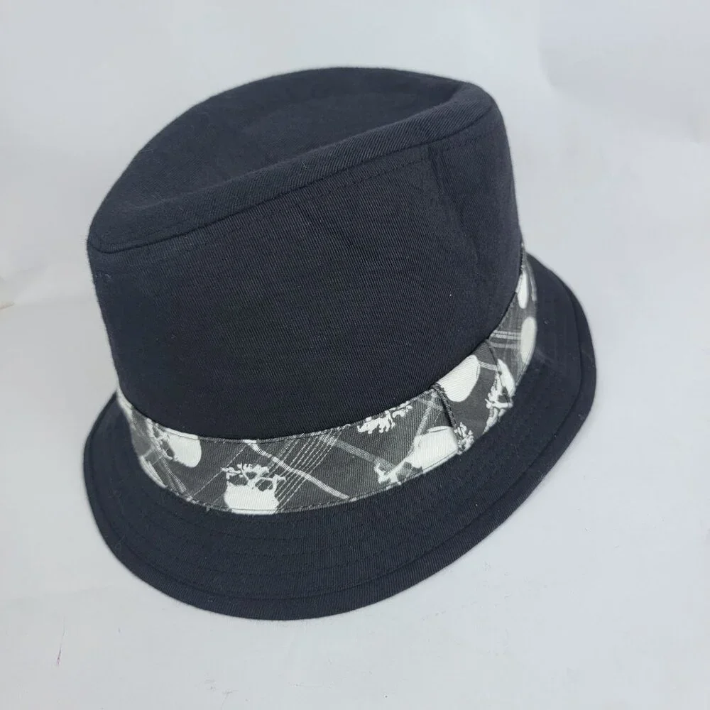 Mens Black Short‎ Brimmed Fedora Hat Cap Edgy Punk Skull Androgynous